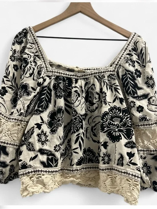 Christian Siriano Boho Floral Top Large Crochet Lace Linen Blend Peasant Blouse - Picture 3 of 10